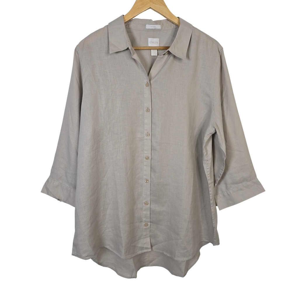 Chicos No-Iron 100% Linen Button Up Shirt Beige 3/4 Sleeve Size 3 - XL / 16